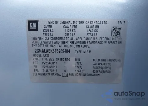 2015 Chevrolet Equinox Ls z USA, uszkodzony, nr VIN 2GNALAEK6F6289484